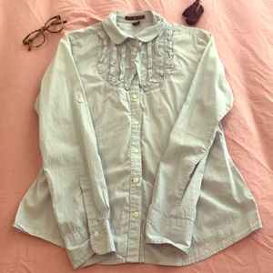 Blue Striped Ruffle Button Down